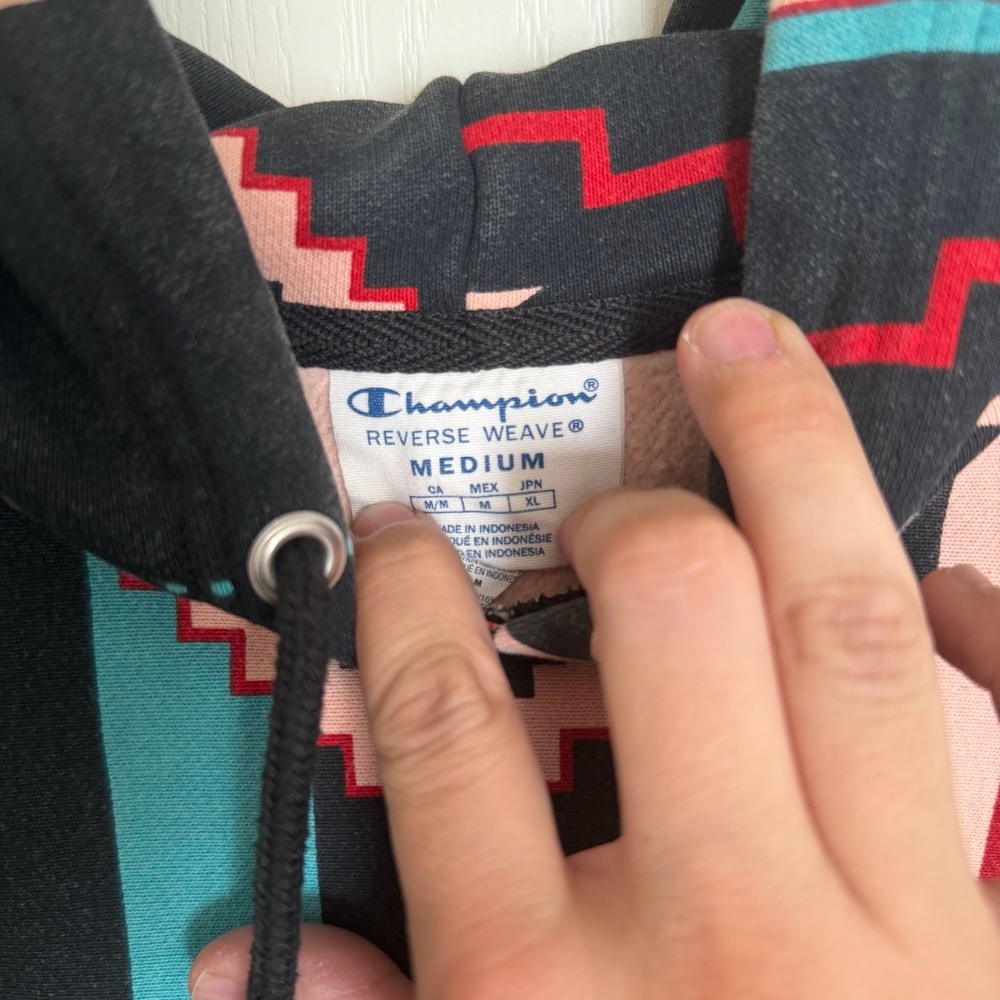 Champion Hooded Pullover with Geometric Print - Black, Teal & Pink - Picture 2 of 3